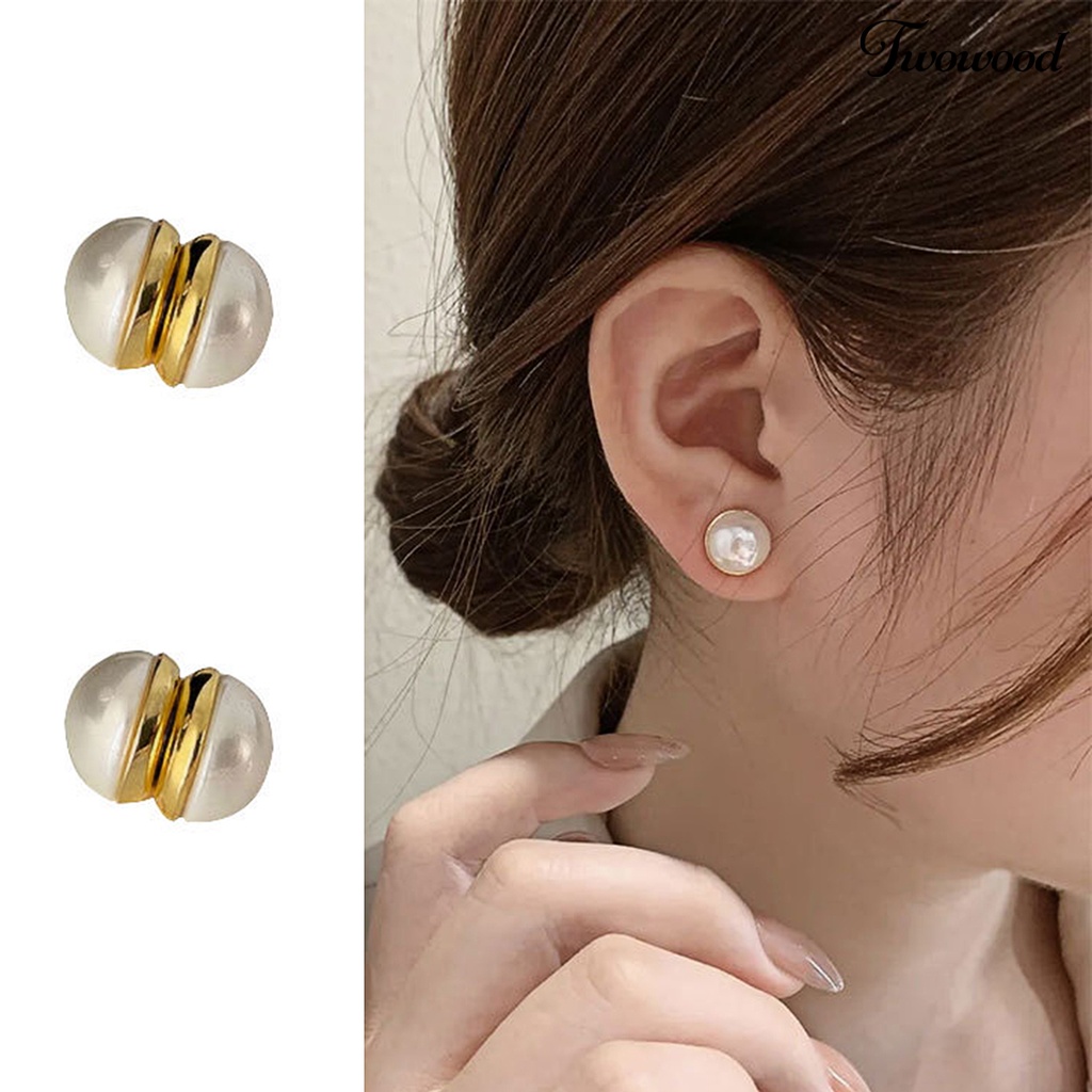 Twowood 1pasang Anting Klip Tanpa Lubang Telinga Mutiara Imitasi Kuat Tidak Sakit Memakai Electroplating Ear Ornament Fade-Proof ic Ear Clip Stud Earrings Aksesoris Pakaian