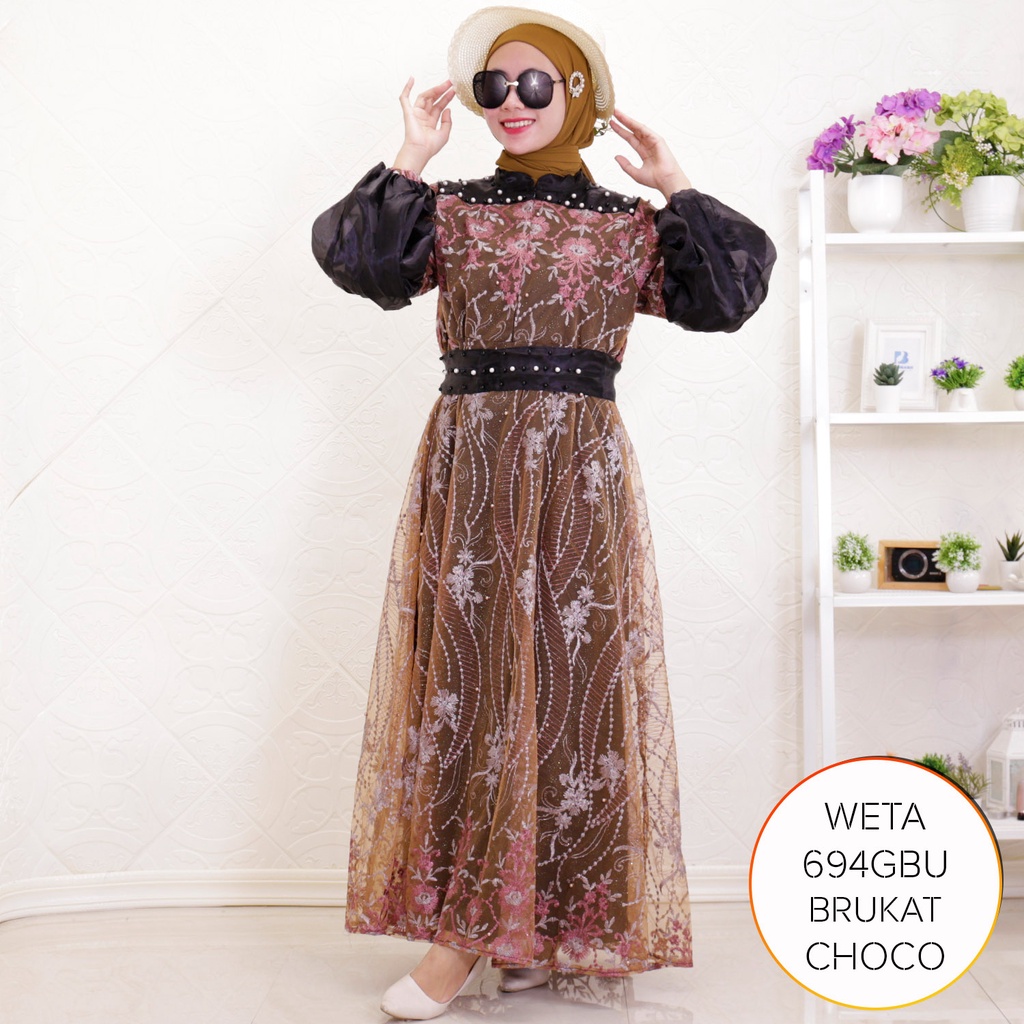 Gamis Pesta Brukat Tile Busui Tangan Balon Mewah Weta