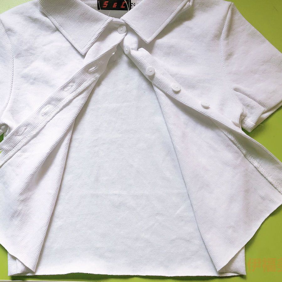 Red Kemeja katun berulir musim panas wanita bagian tipis rasa desain ceruk kardigan kerah polo pendek atasan lengan pendek