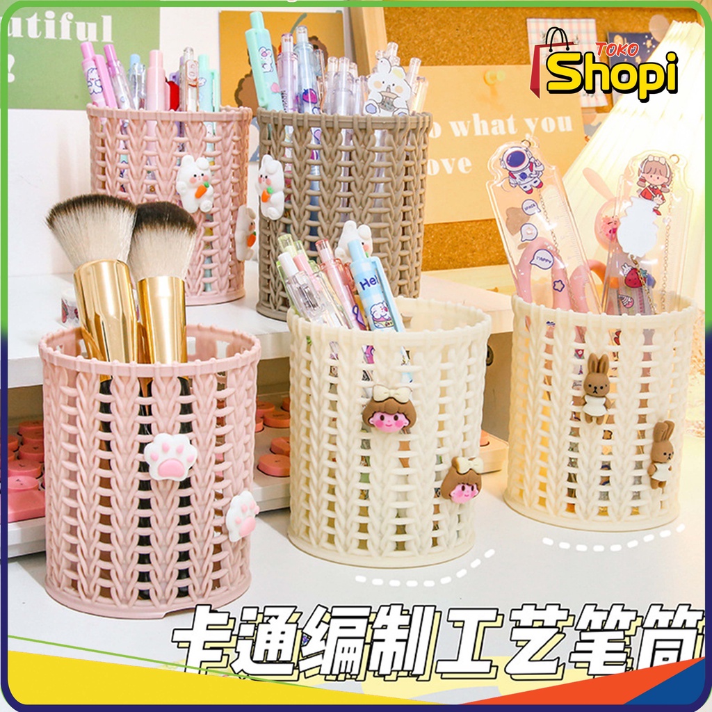 

♚ ♚ Tempat Pensil Dan Pulpen Motif Keranjang Desktop Pen Holder Serbaguna