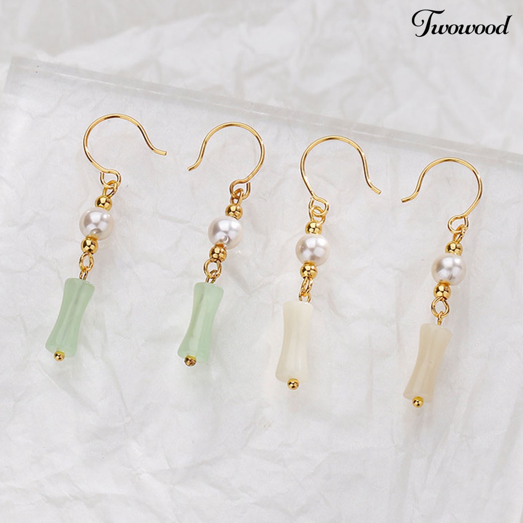 Twowood 1pasang Anting Menjuntai Manik-Manik Mutiara Imitasi Gaya Cina Faux Hetian Jade Bamboo Joint Hook Earrings Aksesoris Perhiasan