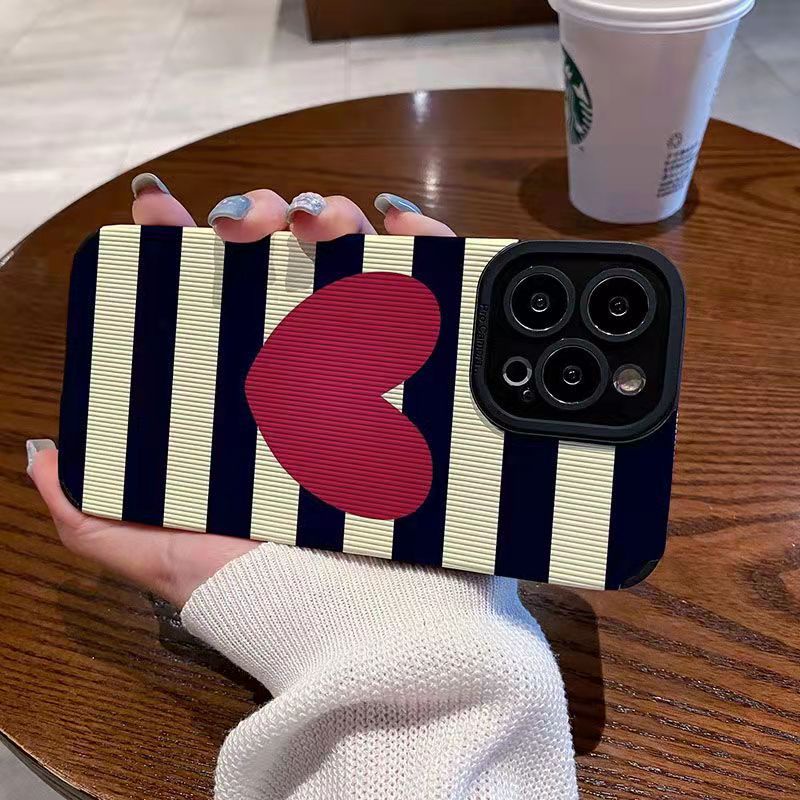 【Lamb Skin】Striped Red Heart Leather Soft Case for IPhone 6S 7 Plus 8 Plus X XS XR XS Max 11 13 12 14 PRO Max 14 Plus 12 13 Mini Camera Protect Phone CASE