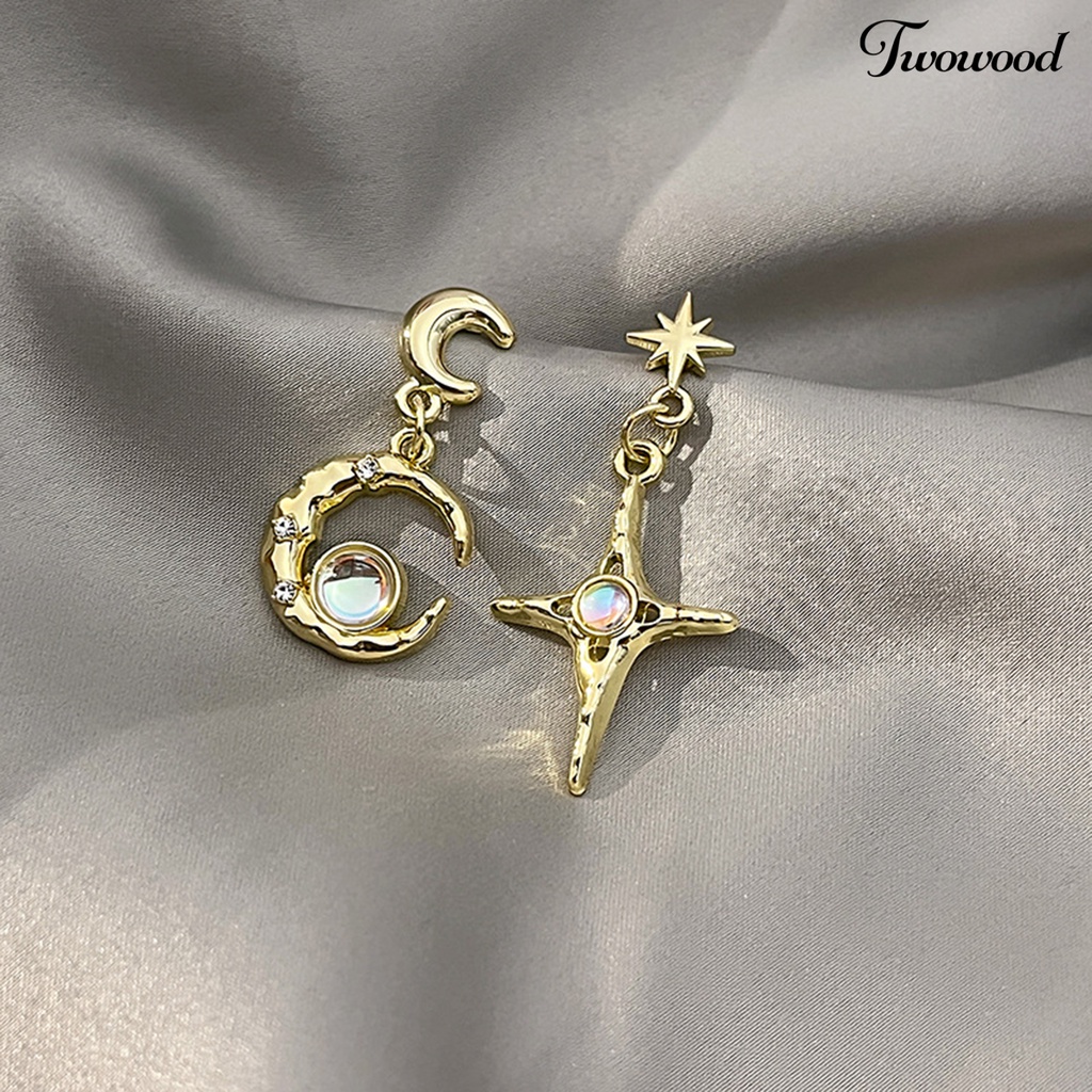 Twowood 1pasang Anting Menjuntai Asimetris Moonstone Glitter Hiasan Telinga Temperamen Berkilau Bulan Bintang Hias Berlian Imitasi Retro Stud Earrings Untuk Pacaran