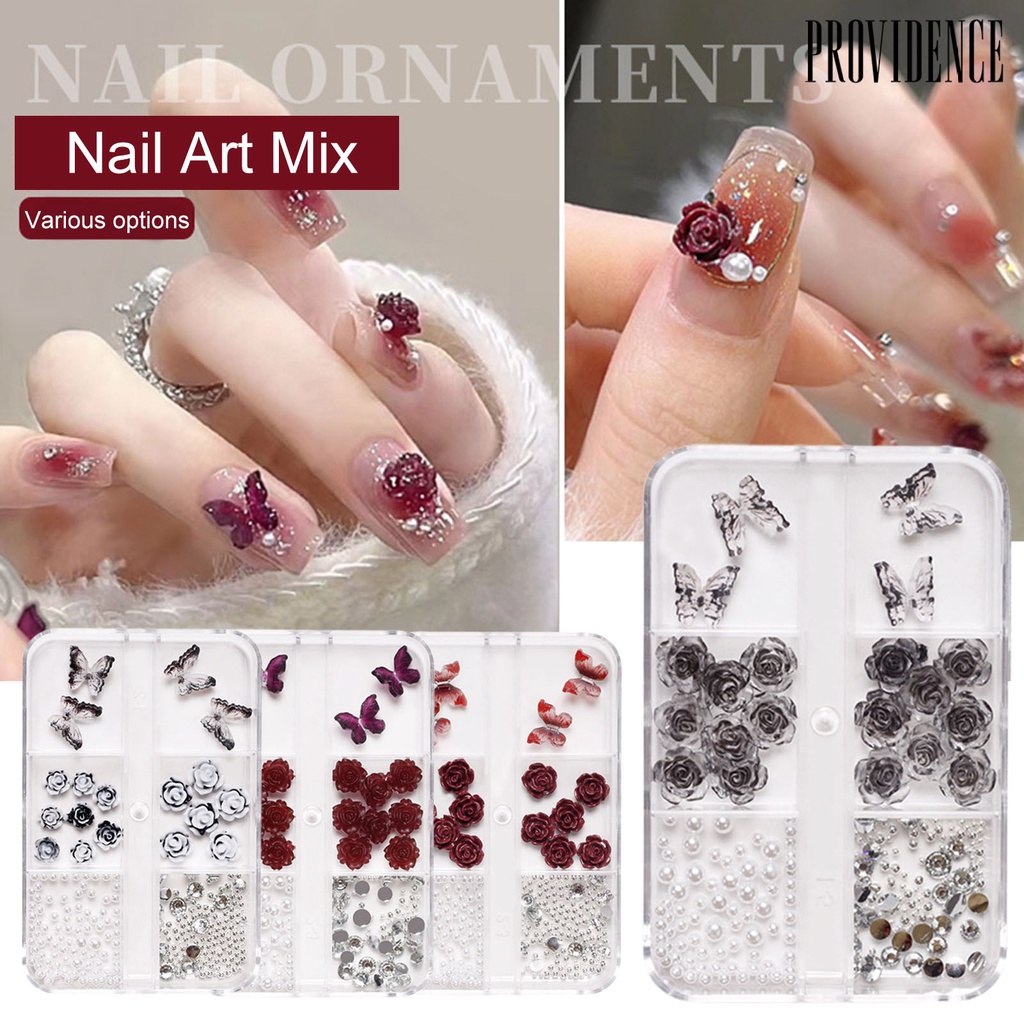 Providence 1kotak Pesona Nail Art Berkilauan Retro Mudah Di Tempel Mempesona Efek Visual DIY Resin 3D Kupu-Kupu Mawar Mutiara Imitasi Hiasan Kuku Perlengkapan Kerajinan