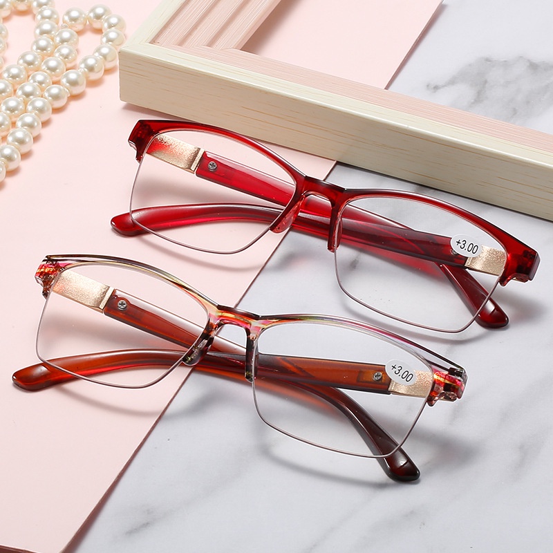 (YUZHU) Mode Baru Setengah Bingkai Kacamata Baca Butik HD Resin Bisnis Mode Membaca Eyeglasses