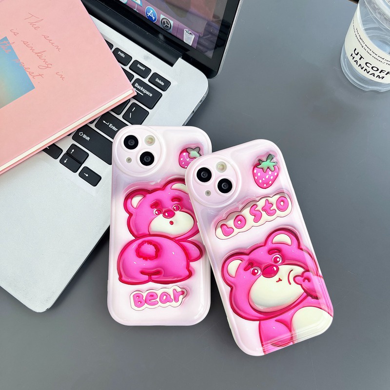 【LOTSO 】Airbag Case for IPhone 6S 7 8 Plus XR XS Max IPhone 11 12 13 14 Pro Max 14 Plus 7+ 8+ Silicone Soft Case Cute Strawberry Cartoon Bear