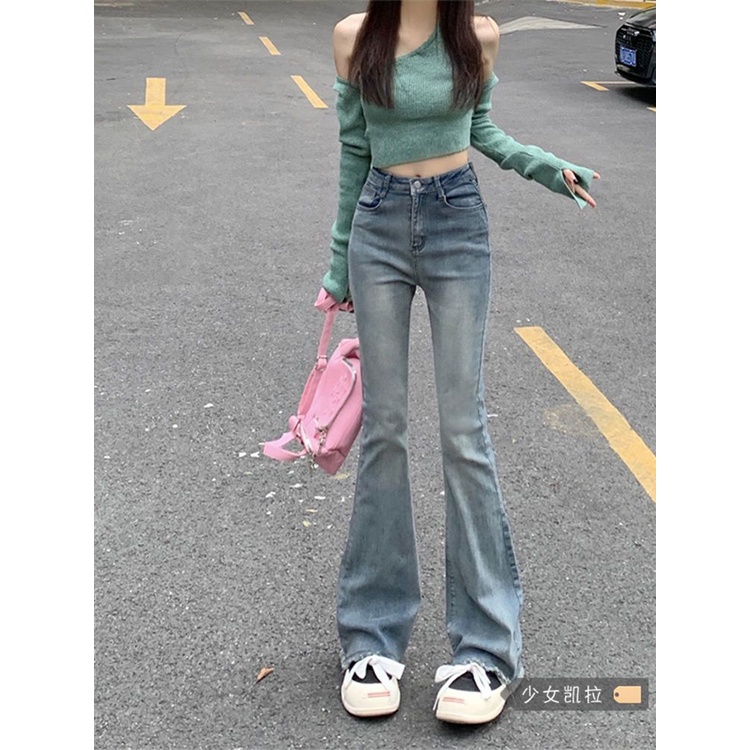 Red Retro micro-flare light-colored jeans wanita 2023 musim semi baru pinggang tinggi slim slim lurus diperpanjang lantai celana panjang