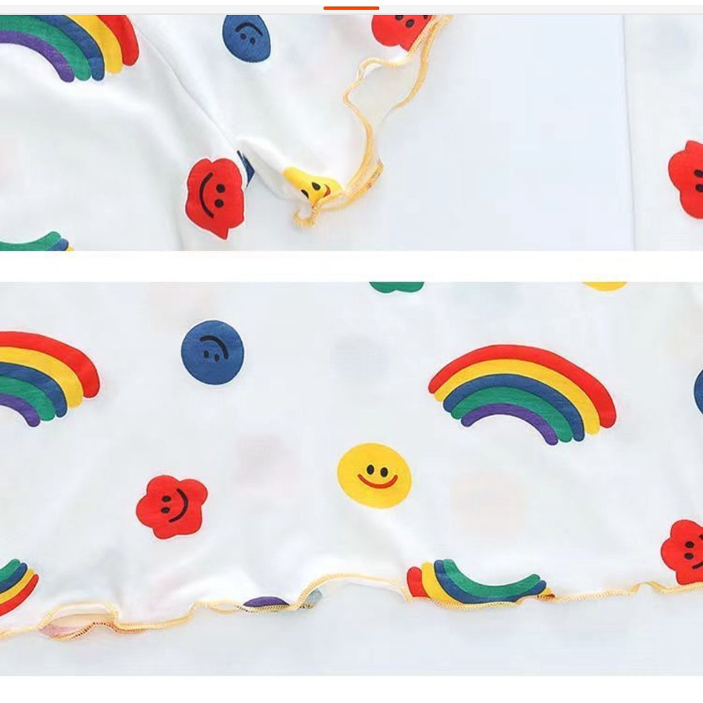 TOPGROSIR TG1683 Setelan Pakaian Santai Anak Perempuan Lengan Pendek Motif Rainbow Lucu Import