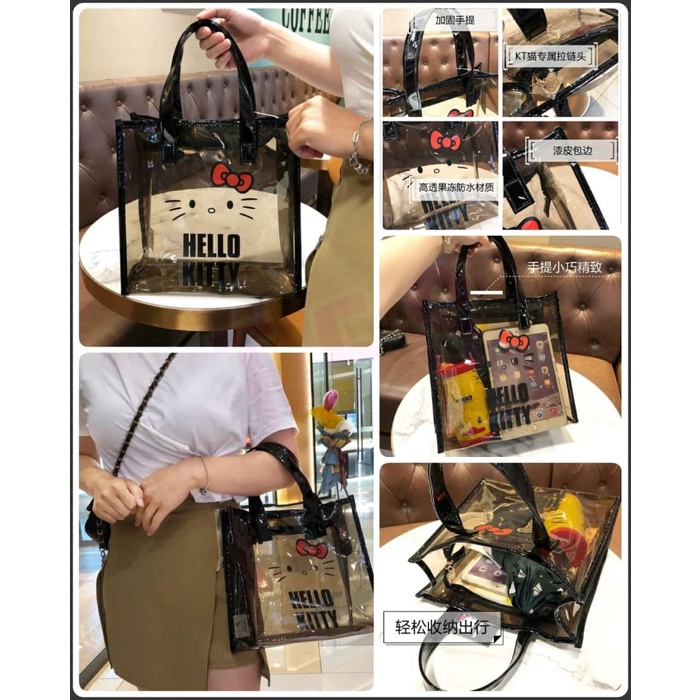 

⭐BISA COD⭐ Tas transparan Hello Kitty black Kotak bahan tebal uk 25x11x25