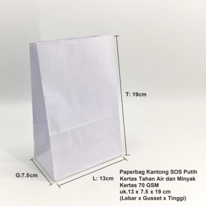 

⭐BISA COD⭐ Paper Bag Kantong Kertas SOS Putih tahan minyak dan air 13x7x19 isi100