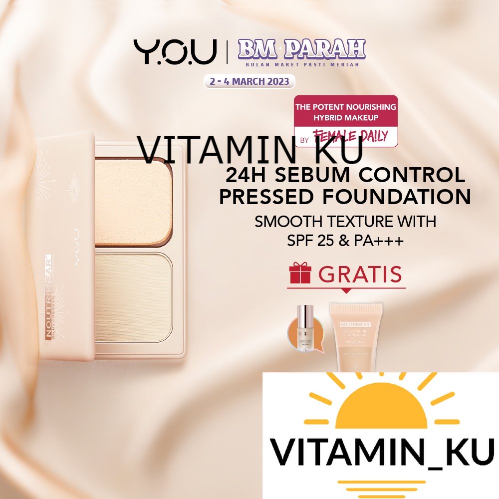 YOU NoutriWear+ Silky Pressed Foundation | Full Coverage | Oil Control &amp; Tahan Lama 24 Jam | Nourishing | Kosmetik #VITAMIN_KU