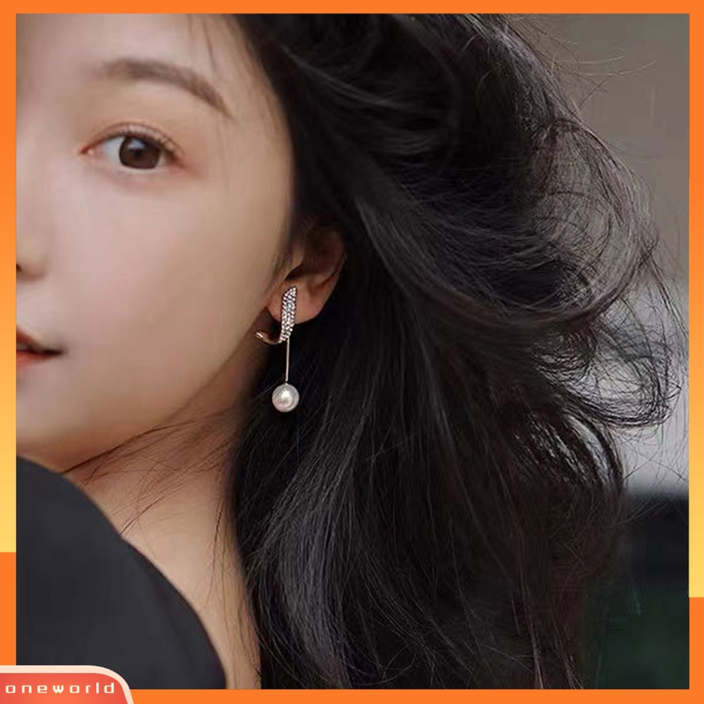 [OWR] 1pasang Anting Pejantan Bling Berlian Imitasi Mewah Elegan Berkilau Mutiara Imitasi Menjuntai Anting Fashion Perhiasan