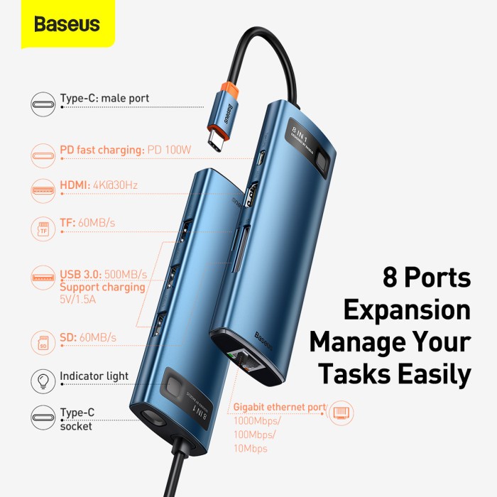 BASEUS Metal Gleam Series 8-in-1 Multifunctional Type-C HUB Docking - CAHUB-CV0G