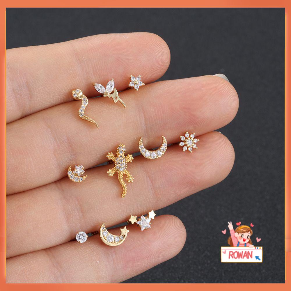 R-FLOWER 1PC Cartilage Ear Stud Jewelry Helix Piercing Gecko Lizard Moon Star Flower Ear Studs