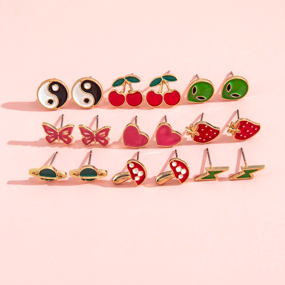 Lucu Dan Menarik Buah Cherry Strawberry Kupu-Kupu Petir Alien Yin Dan Yang Anting Set Kepribadian Kreatif Anting Warna