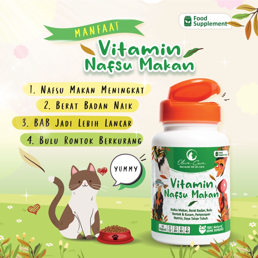 OLIVE CARE Vitamin NAFSU MAKAN Kucing - untuk Nafsu Makan, Gemukin Badan, Bulu Rontok, Daya Tahan Tubuh dan Konstipasi