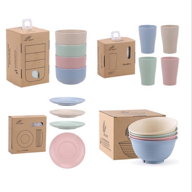 WS GROSIR H1707 Alat Makan Set / Set Piring , Mangkok, Gelas 4 in 1 / Set Cangkir Plastik Wheat Stra