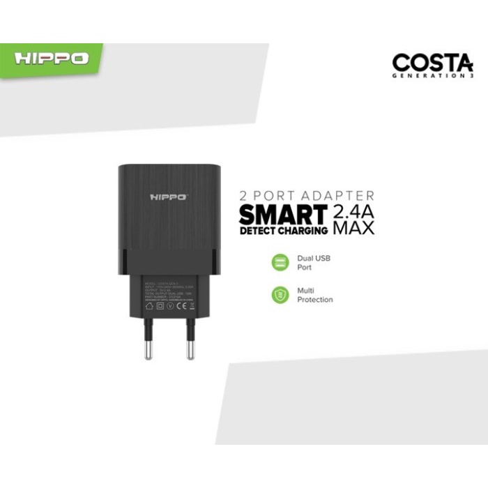 Hippo Costa Gen 3 Adaptor Charger dual USB 2.4 A Smart Detect Charging