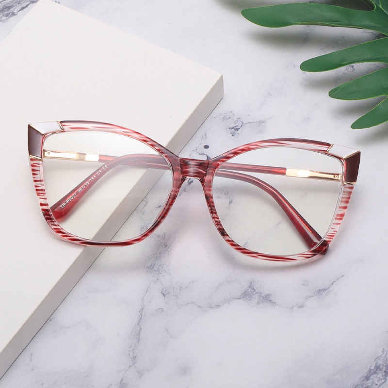 (YUZHU) Western Fashion Oversized Frame Cat Eye Eyeglasses Retro Fashion TR90 Anti-Blue Light Pattern Eyeglasses Untuk Wanita