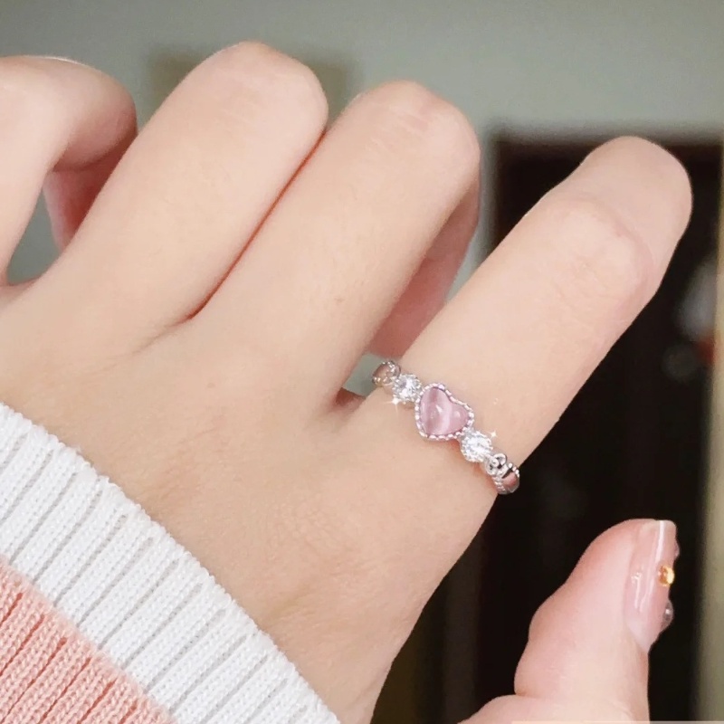 Pink Opal Love Ring Female Simple Style Net Red Heart-shaped Sweet and Cute Living Mouth Adjustable Ring Candy Jewelry