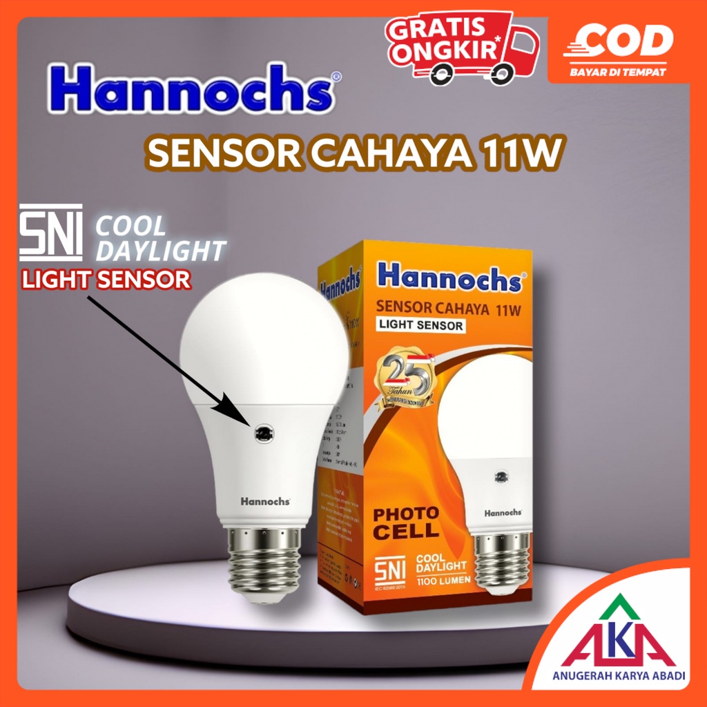 Bohlam Lampu LED HANNOCHS LIGHT SENSOR 11 Watt SNI Photo Cell Sensor Cahaya