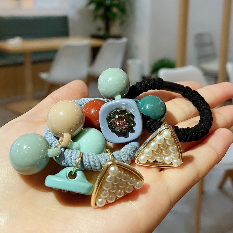 Gaya Korea Dongdaemun Bando Warna Permen Aksesoris Rambut Manik Bulat Bola Rambut Cincin Karet Gelang Segitiga Mutiara Wanita Sederhana Tali Rambut