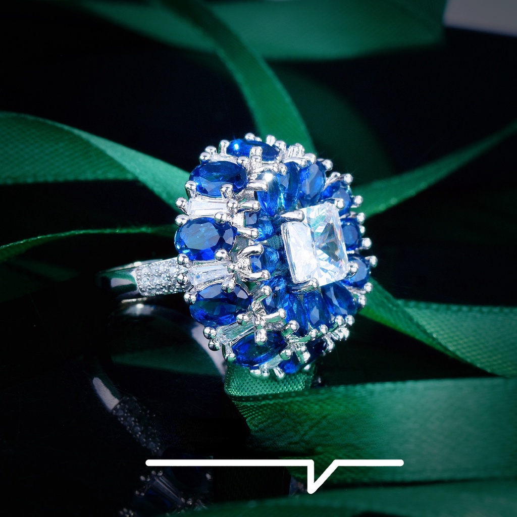 Goldkingdom Aksesoris Perhiasan Fashion Ready Stock Desain Perhiasan Cornflower Safir Cincin Elegan Perjamuan Berlian Warna-Warni Cincin