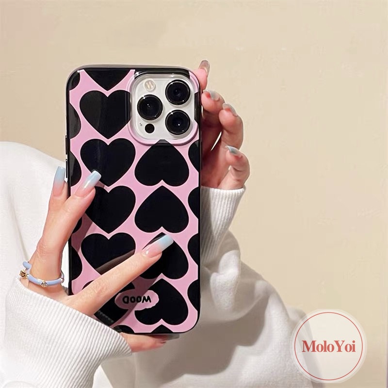 IPHONE Ins Cinta Hati Case Kompatibel Untuk Iphone7 8 Plus Xr14 13 11 12 Pro Max 7plus X XS Max SE 2020 Shockproof Glossy Halus Keren Hitam Soft Cover