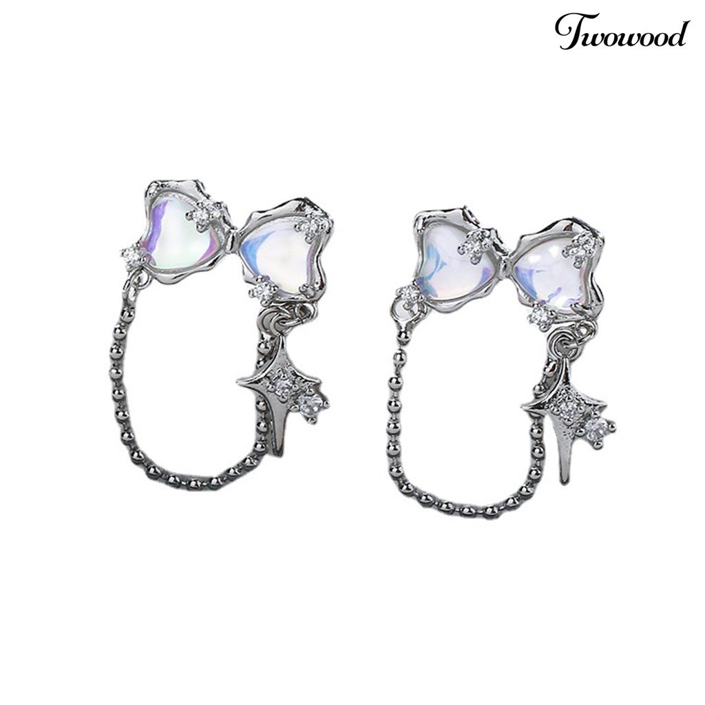 Twowood 1Pc Wanita Menjuntai Anting Busur Cubic Zirconia Sparkling Dress Up Perhiasan Manis Rumbai Bintang Stud Earring Gadis Hadiah