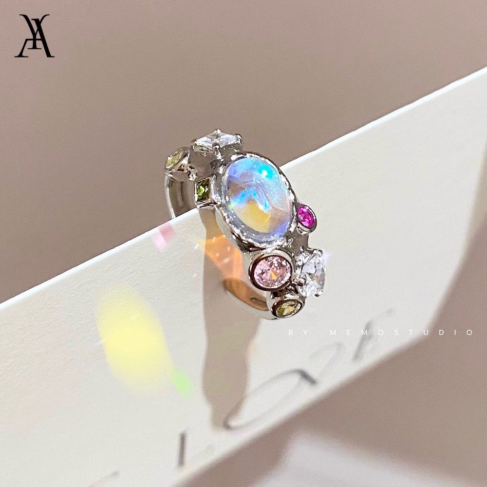 AY(CN) AY（CN）Sweet Colorful Moonstone Rings for Women Silver Zircon Open Ring Accessories