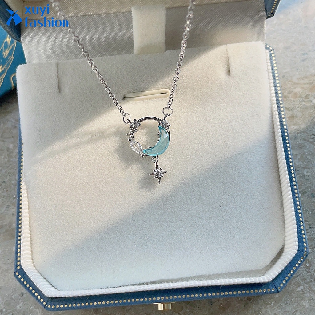 Y2K Moon Star Pendant Necklace Blue Crystal Zircon Necklaces Silver Chain Choker Accessories Jewelry