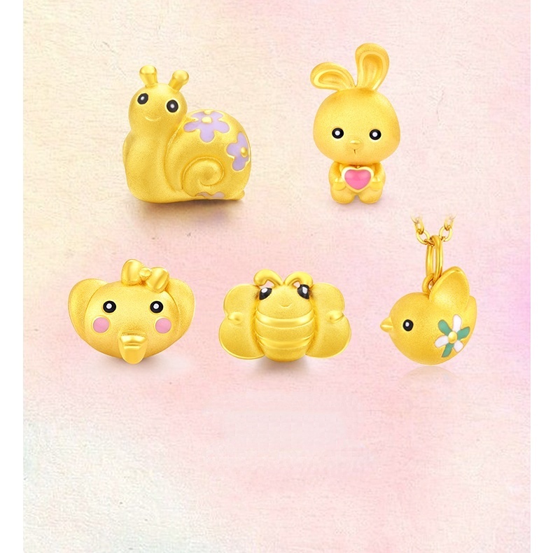 Goldkingdom Aksesoris Perhiasan Fashion Ready Stock Hewan Kecil Dengan Manik-Manik Transfer Lapis Emas Asli Kadar 375, Kelinci, Burung, Keong, Kupu-Kupu, Lebah, Tali Tangan Dan Manik-Manik.