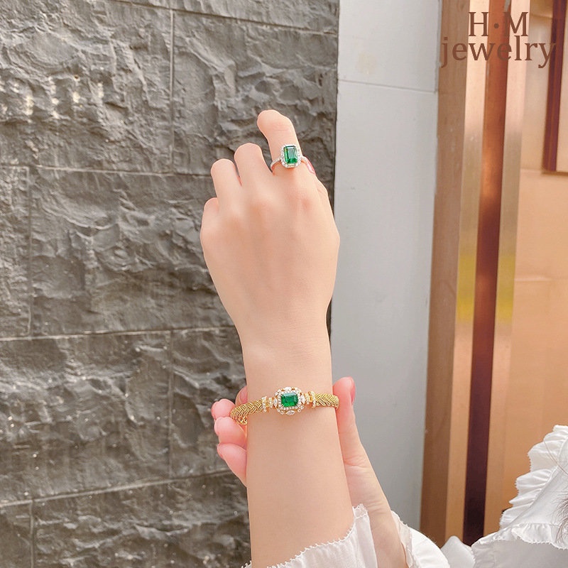 Gelang Zamrud Tenun Tangan Vintage Gelang Pembukaan Berlian Penuh Mewah