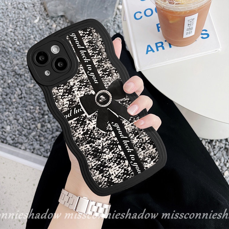 Casing Ponsel Hitam Mewah Kompatibel Untuk iPhone 7Plus 11 13 12 14 Pro Max XR X 6s 6 7 8 Plus XS Max14 Plus SE 2020 Retro Bow-Knot Lembut Bergelombang Pinggiran Penutup Belakang