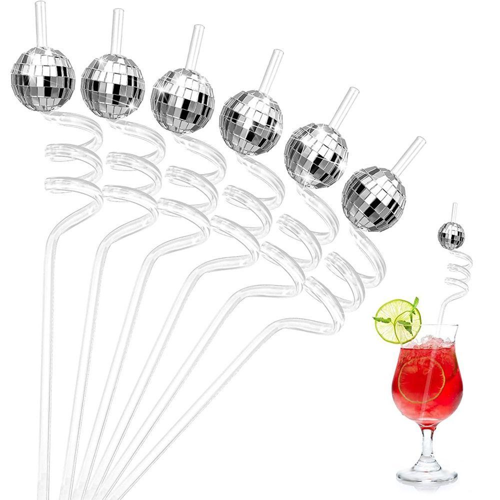 Solighter 6 Pcs Disco Mirror Ball Straw PETG Lengkung Perlengkapan Ulang Tahun Barware Bar Tools