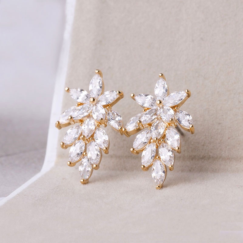 Goldkingdom Fashion Perhiasan Aksesoris Ready Stock Baru Super Berkilau Zirkon Berlian Briliant Kristal Anting Pejantan Eropa Dan Amerika Kreatif Daun Anting-Anting Wanita