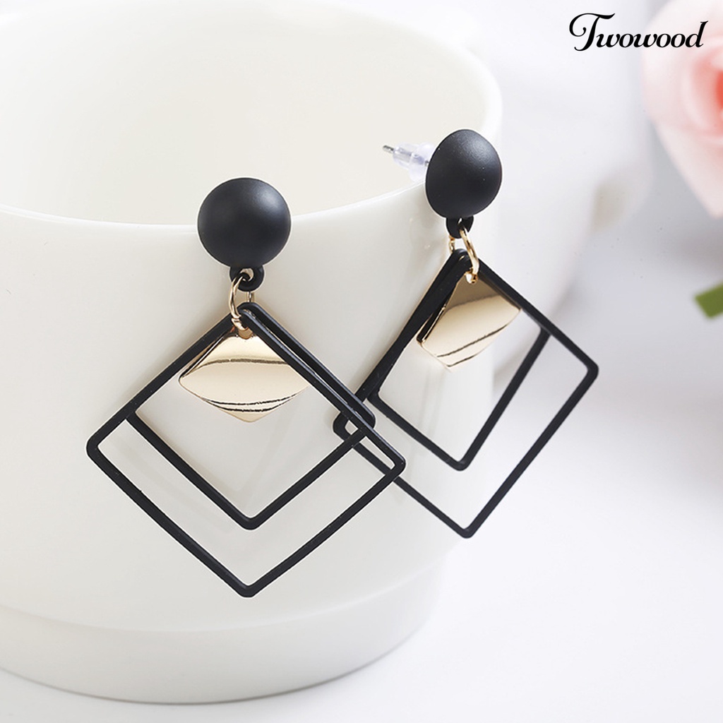 Twowood 1pasang Menjuntai Anting Geometris Matte Kepribadian Minimalis Berongga Double Belah Ketupat Wanita Stud Earrings Fashion Jewelry