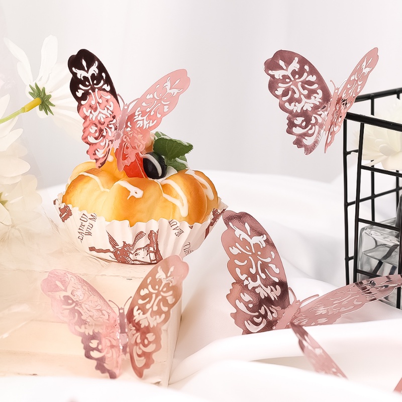 12pcs/paket 3D Hollow Butterfly Dekorasi Kue/Kertas Butterfly Perlengkapan Hias Dinding Rumah