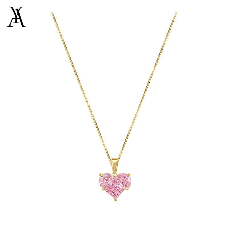 AY(CN) Kalung Choker Rantai Emas Dengan Liontin Hati Kristal Pink Untuk Wanita