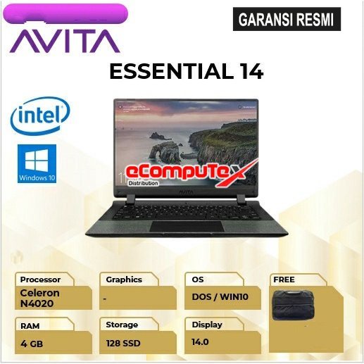 LAPTOP AVITA ESSENTIAL 14 CELERON N4020 RAM 4GB 128SSD 14&quot; INCH HD WIN 10 GARANSI RESMI