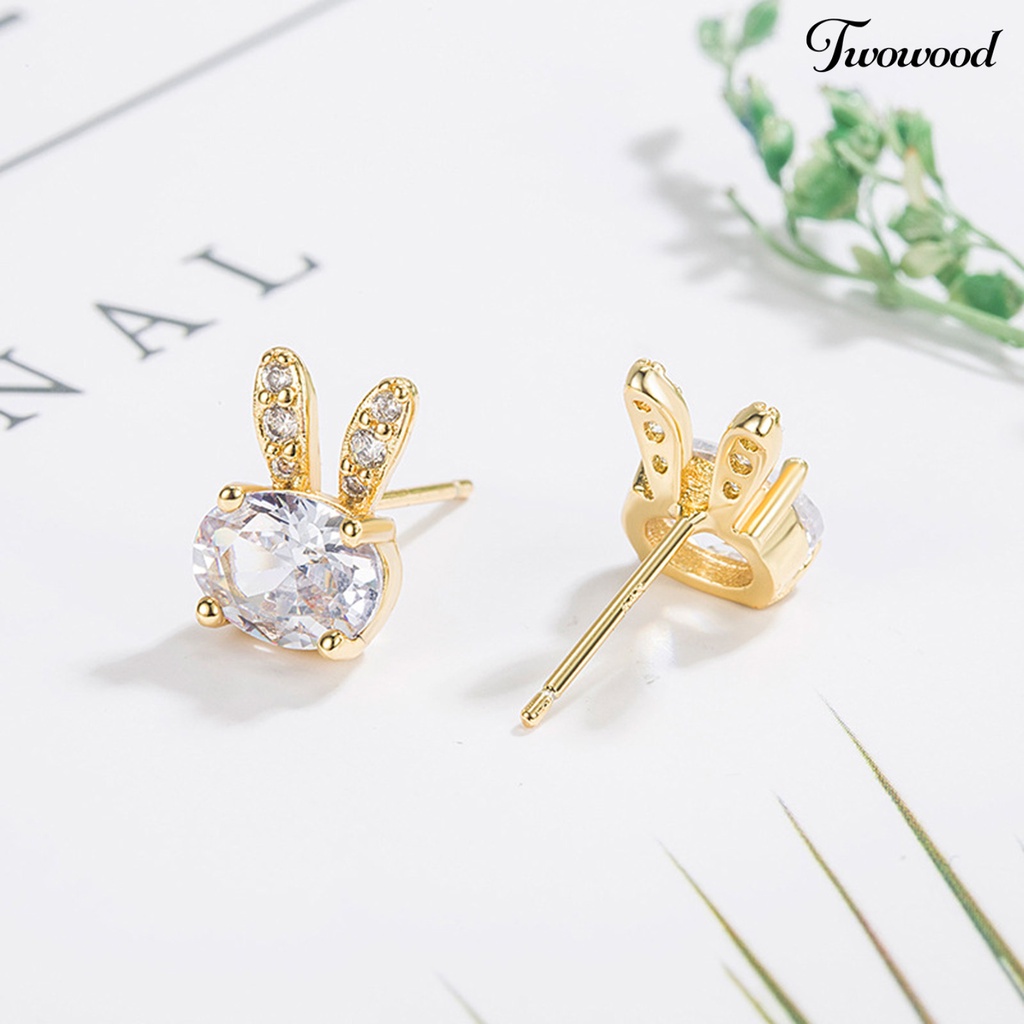 Twowood 1pasang Ear Studs Lucu Elegan Mini Hypoallergenic Berlian Imitasi Tertanam Kelinci Wanita Anting Fashion Perhiasan