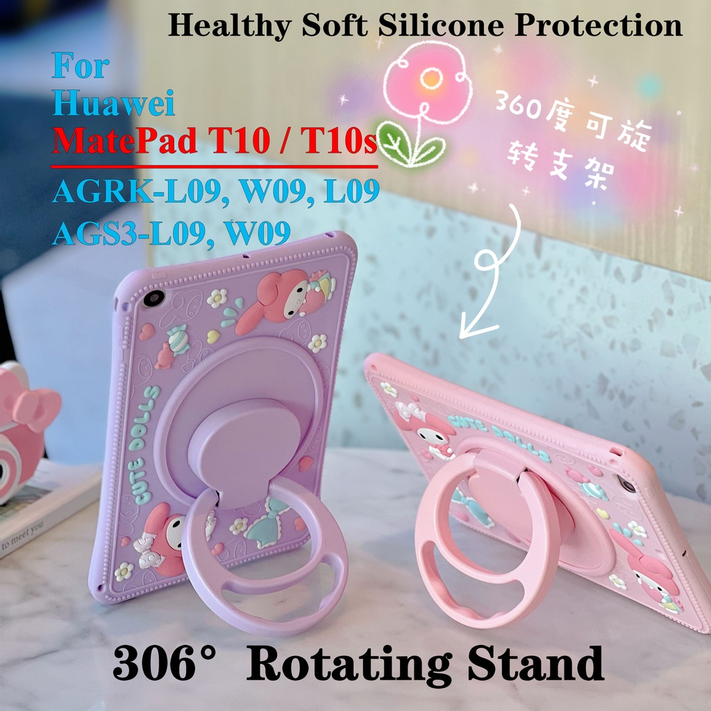 Untuk Huawei MatePad T10S T10 T 10s (2020) 10.1 &quot;AGS3-W09 L09 AGRK-L09 Garsel09 Tablet Case Pelindung Fashion Silicon Lembut360° Rotating Ring Stand Casing Melody Penutup Kartun Lucu