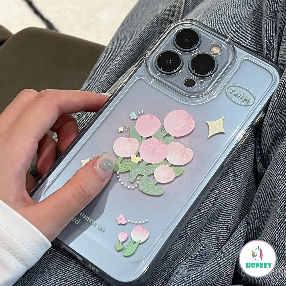 IPHONE Gadis Manis Bunga Tulip Pink Art Laser Retro Casing Ponsel Untuk Iphone14 13 11 12 Pro Max Xs Max XR 7 8 Plus ​Case Cute Lembut Cove