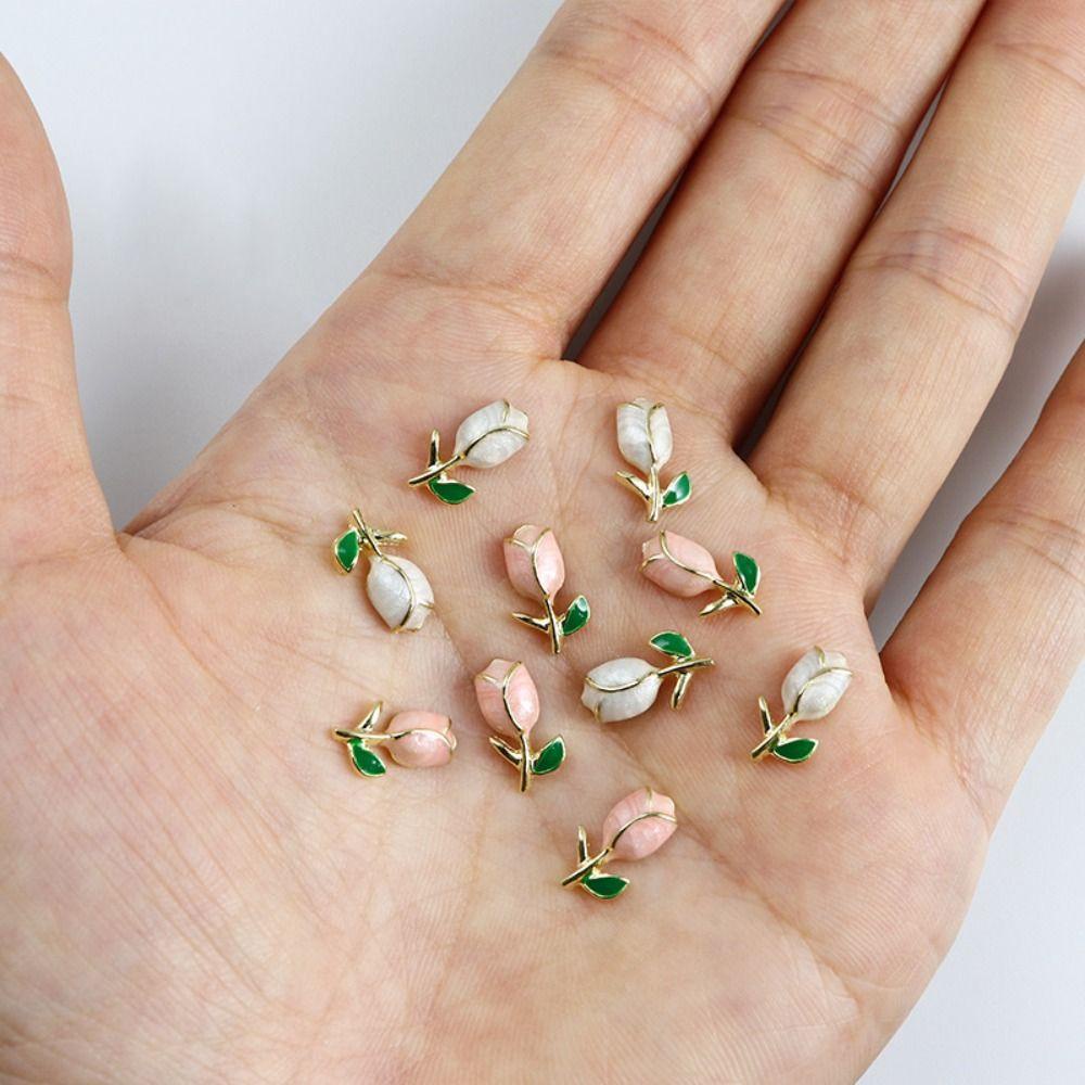 AUGUSTINA Augustina Nail Art Dekorasi Mewah DIY Rantai Tulip Pink Putih Seri Bunga Perlengkapan Bagian Kuku