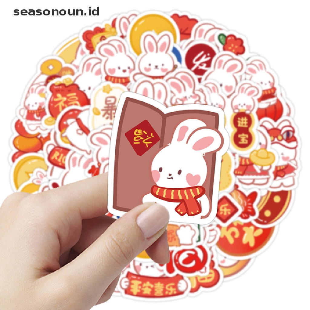 Seasonoun 50Pcs 5-6cm Tahun Baru Kelinci Dekorasi Stiker Botol Air Laptop Nikmat Pesta.
