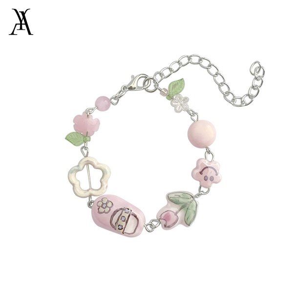 AY(CN) Gelang Manik-Manik Keramik Motif Kartun Beruang / Hati / Bunga / Smiley Warna Silver Gaya Korea Untuk Wanita