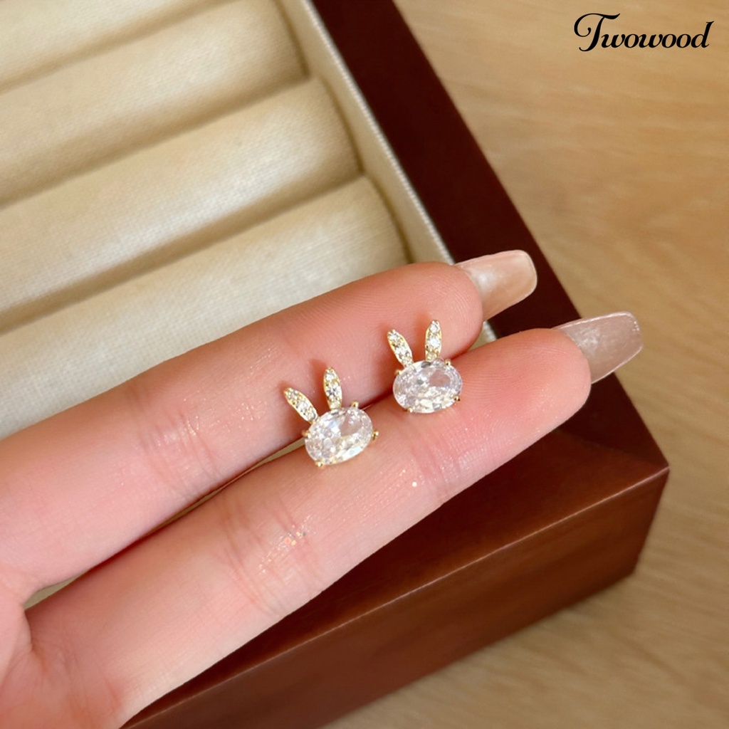 Twowood 1pasang Ear Studs Lucu Elegan Mini Hypoallergenic Berlian Imitasi Tertanam Kelinci Wanita Anting Fashion Perhiasan