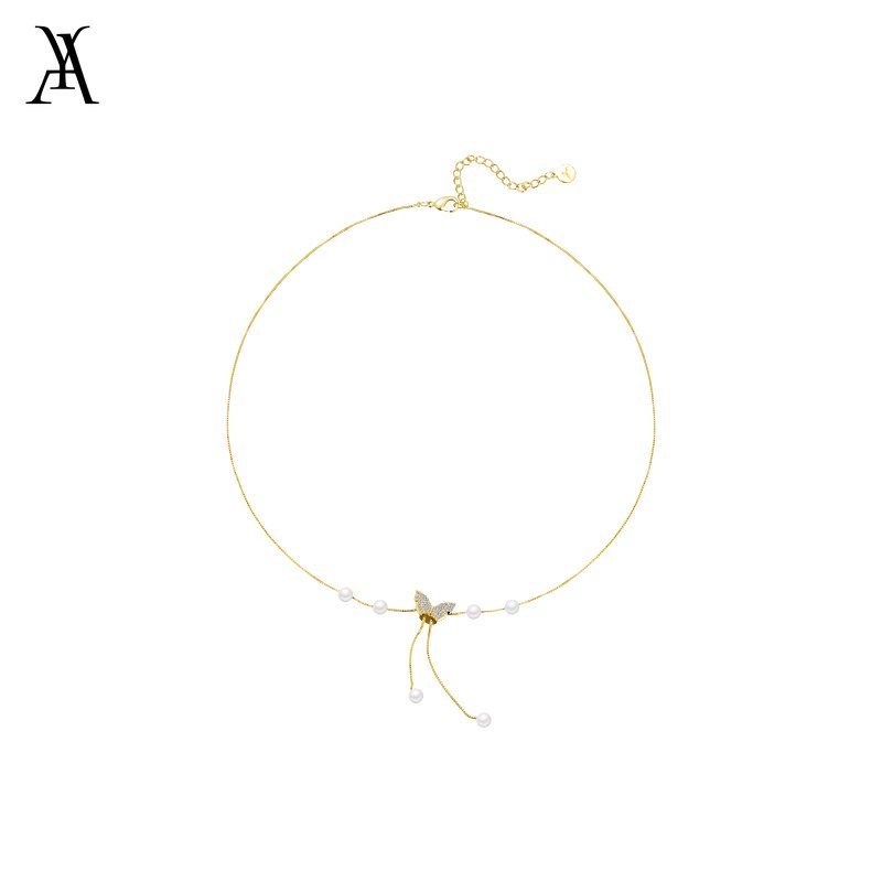 AY(CN) Kalung Choker Rantai Emas Hias Liontin Kupu-Kupu Mutiara Untuk Wanita