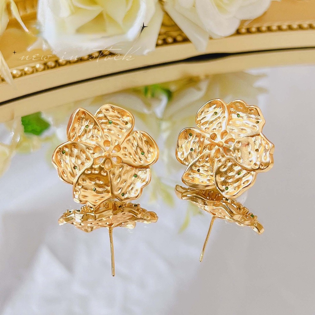 Goldkingdom Fashion Perhiasan Aksesoris Ready Stock French Vintage Pearl Stud Earrings Wanita Mewah Berlian Hijau Bunga Anting Cahaya Mewah Gaya