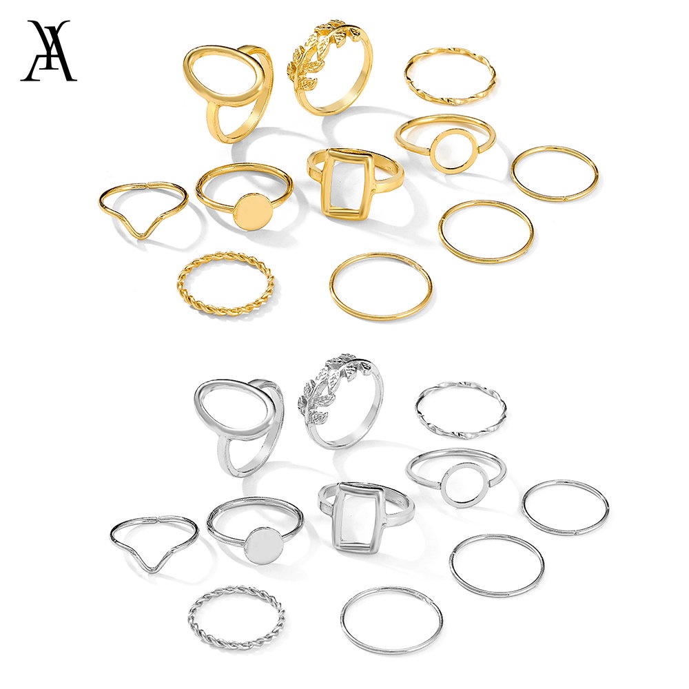 AY(CN) 11pcs/set Korean Fashion Geometric Plain Circle Leaf Ring Gold Silver Rings Women Jewelry Accessories